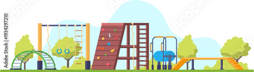 Outdoor playground with various children activity equipment