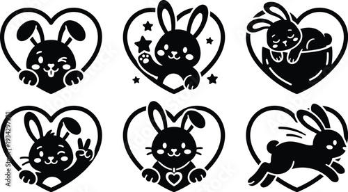 Minimalist icon set close up six heart framed bunny faces and poses in black silhouette vector art flat design front view expressions