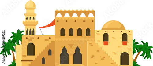 Arabian traditional village cityscape with minaret and palm trees