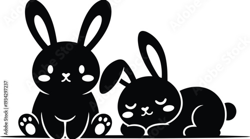 Cute black bunny pair sitting and sleeping side by side vector flat design close up high contrast silhouette with paw details monochrome