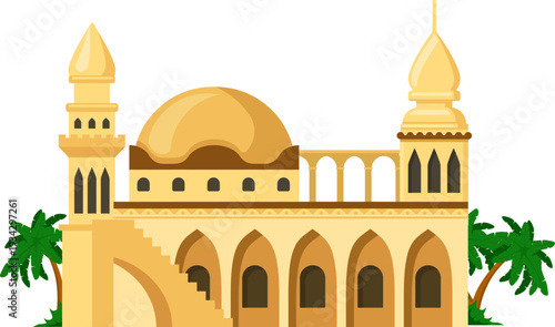 Mosque building with dome and minarets in flat style