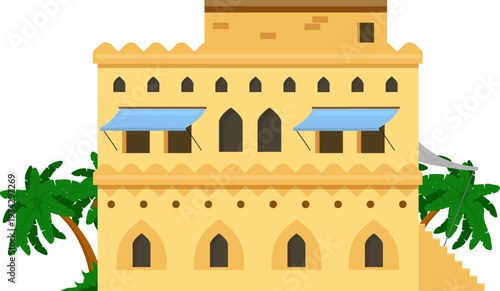 Arabian traditional architecture building with palm trees