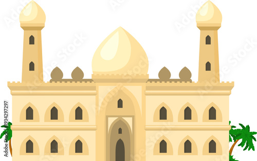 Arabian mosque building with dome and two minarets