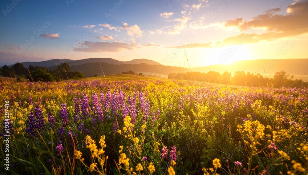 Fototapeta premium Endless Wildflower Field at Golden Hour with Warm Sunset Glow