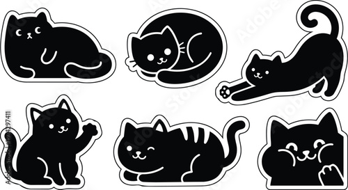 Minimalist black cat sticker sheet vector art showing six playful cat poses close up top view with bold outline and smiling expressions cute rounded paws winking