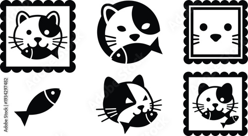 Minimalist vector cat icon set with fish and scalloped stamp frames multiple angles close up round and square badges black and white simple flat design playful