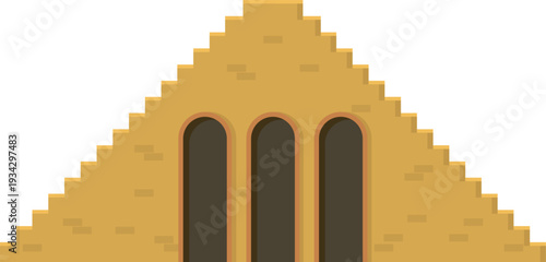 Stepped gable building facade with three windows