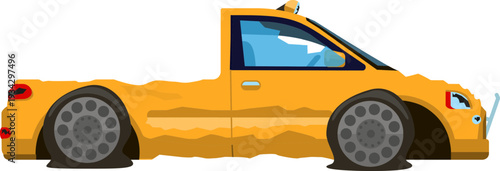 Damaged yellow pickup truck with flat tires and dirt