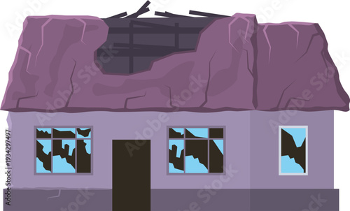 Destroyed house showing broken windows and collapsed roof