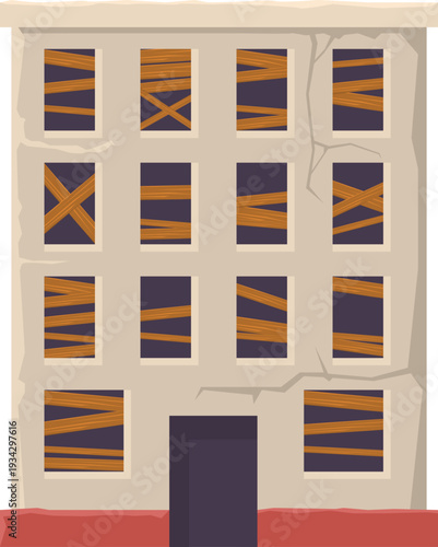 Run down apartment building with boarded up windows