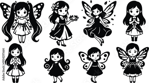 Flat design close up smiling fairy girls with butterfly wings holding flowers and hands clasped in various poses arranged in grid black silhouette vector art playful