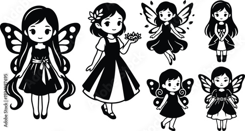 Flat design cute fairy character set showing six black silhouette fairies with wings in different poses holding flower smiling looking forward vector icons for craft projects