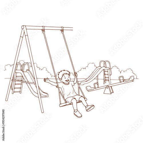 Boy enjoying a fun time swinging on a playground illustration for childrens books and activity resources