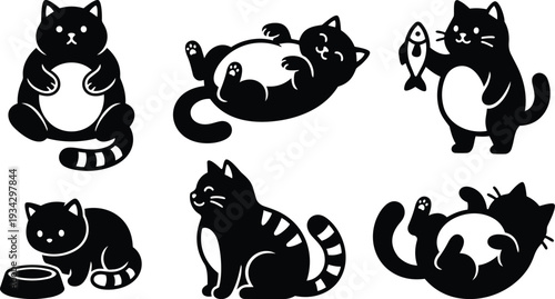Minimalist vector cat icons set six poses sitting reclining holding fish eating from bowl playful flat design black and white silhouette front and side views