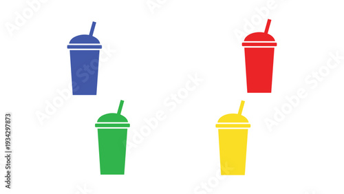 Four colorful drinks with straws displayed in a grid formation