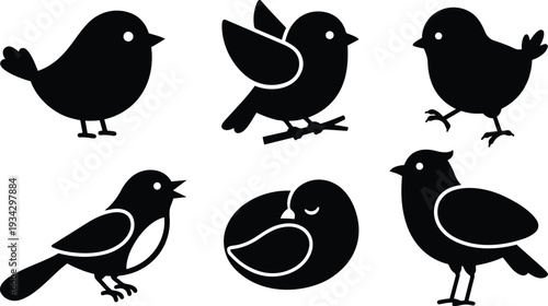 Minimalist vector art six black bird silhouettes arranged in two rows showing different poses perched sleeping walking and flapping wings on white background flat icon set