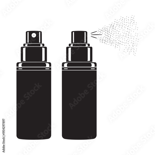 Set of black spray bottles isolated on transparent background, aerosol cans with fine mist for cosmetics or cleaning products
