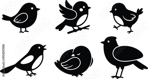 Minimalist vector art close up set of six black bird silhouettes showing perched walking flapping sleeping and chirping poses on white background flat clean friendly composition