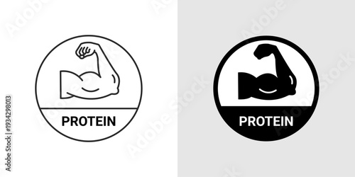 Gym biceps protein strong arm. Protein power muscular flex vector training symbol icon