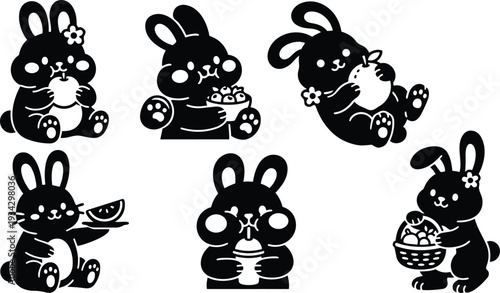 Minimalist silhouette vector art six kawaii bunny icons eating fruit holding apple bowl and basket close up front view playful black white rounded cheeks floral accessory