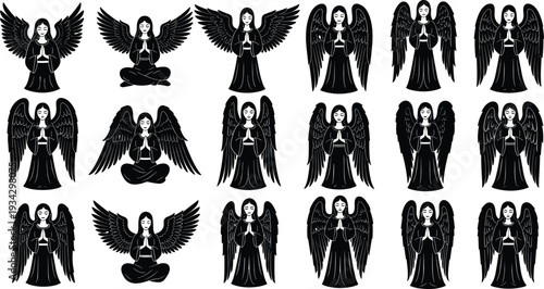 Set of angel silhouettes with female figures in prayer poses, featuring different wing styles and spiritual celestial designs for Christmas, cad drawing flat vector illustration