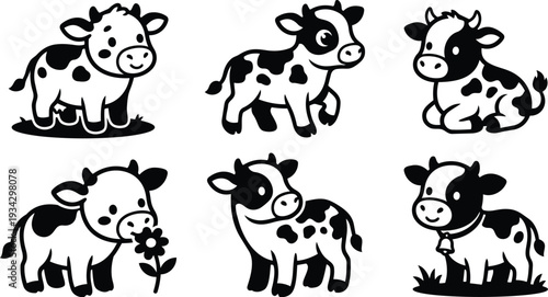 Cute minimalist black and white vector cow icons set six playful calf poses grazing sitting standing chewing flower wearing bell close up simple flat design outline