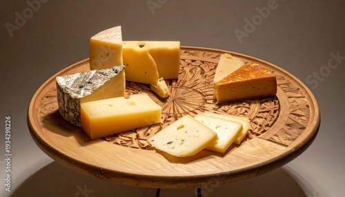 Wooden platter with assorted cheeses arranged in wedges and rounds, showcasing varied textures and rinds, from creamy white bloomy rind to firm yellowish exterior, symbolizing culinary diversity and g