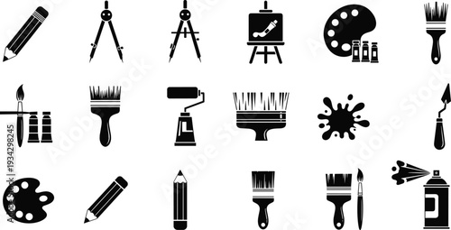 Set of art and design icons with paint brushes, pencils, palettes, and spray cans for creative projects, cad drawing flat vector illustration