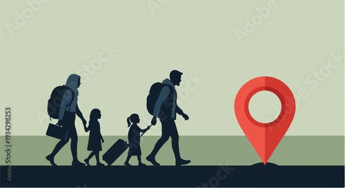 A family silhouette with backpacks and luggage walking towards a red location pin, symbolizing migration or travel.