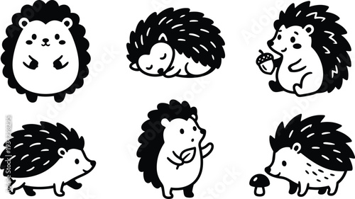 Minimalist icon set close up friendly hedgehog characters in six poses holding acorn and mushroom sleeping running standing waving flat vector art