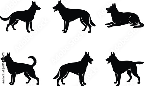 German Shepherd silhouette pose set vector illustration, realistic Alsatian dog shapes in standing and lying positions isolated black design for logo, sticker and cut file