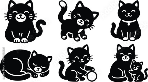 Minimalist monochrome cat icon set showing six smiling and sleeping kittens in various playful poses with toy and mother kitten close up vector flat design simple