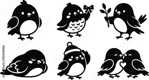 Cute flat design close up six bird silhouettes sleeping chick wearing winter hat and bird holding branch plus two kissing birds sharing heart monochrome vector art
