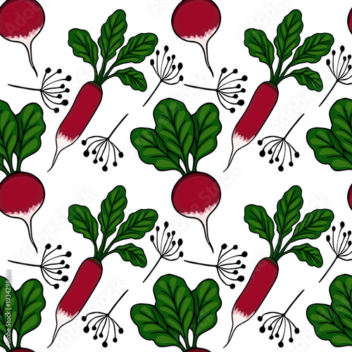 Seamless vector pattern of fresh red radishes with green leaves and delicate seed pods, vibrant and healthy food illustration.