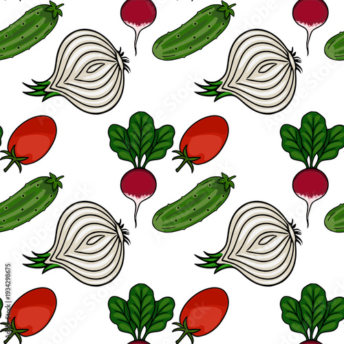 Vibrant vector pattern of fresh vegetables including sliced onion, ripe tomatoes, crisp cucumbers, and leafy radishes.