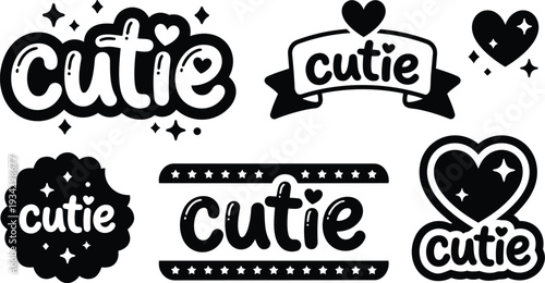 Playful bubble script cutie word stickers with heart badge and sparkle elements close up flat vector layout in monochrome black and white front view bold outline