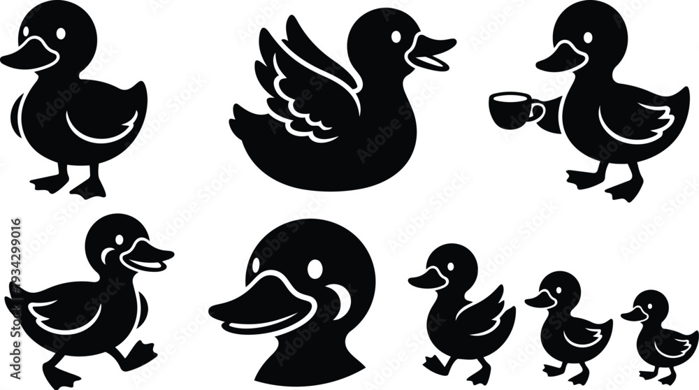 Obraz premium Minimalist vector art close up duck head and playful duck family walking and flying with cup handheld side view black silhouette icons flat design cute studio