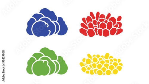 Colorful clusters of abstract shapes resembling stylized berries or fruits