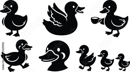 Minimalist vector art close up duck head and playful duck family walking and flying with cup handheld side view black silhouette icons flat design cute studio