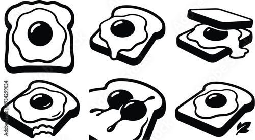 Minimalist black and white vector art close up fried egg on slice of toast set showing six icon variations with bold outlines and graphic glazing mood