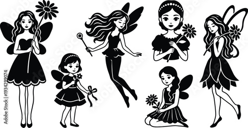 Fairy character vector set with six floral fairies holding daisies in varied poses including flying sitting standing and walking close up smiling faces side view silhouette