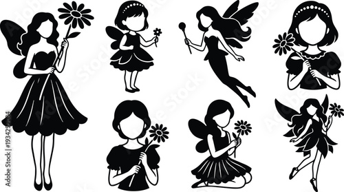 Silhouette vector art close up fairy girls holding flowers in various poses including flying sitting and standing with wings and floral wands soft whimsical black