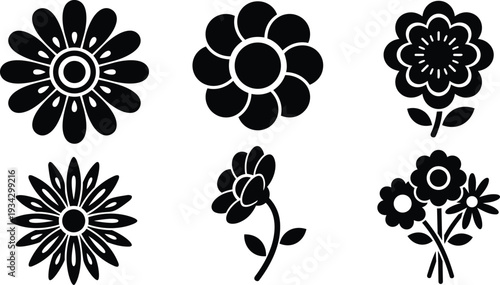 Minimalist vector flat design floral icon set six black flower silhouettes top view side stem bouquet close up simple decorative elements center circle petals radial layered