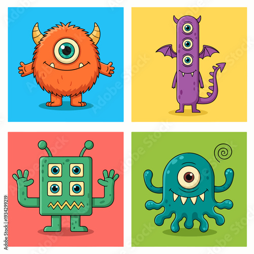 Purple one-eyed spiky cartoon monster on blue square.