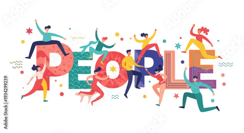 Vibrant illustration of people dancing and celebrating together in a lively atmosphere from a straightforward viewpoint