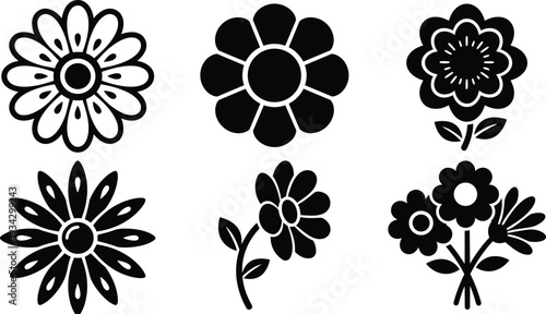 Minimalist black floral icon set six simple daisy and bouquet silhouettes front view isolated on white background vector design close up rounded petals bold stroke monochrome