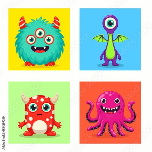 Tableau sur toile Cute colorful monster collection in pop art grid.