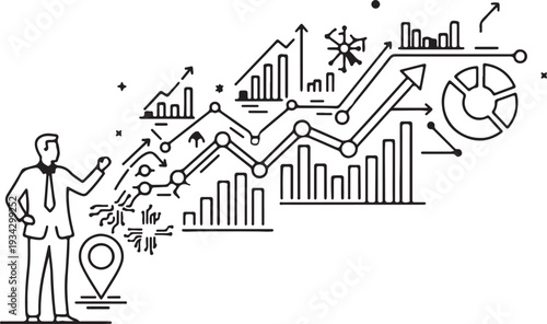 "Data analytics vector illustration showing businessperson pointing at charts, graphs, and icons symbolizing growth, strategy, and technological progress"