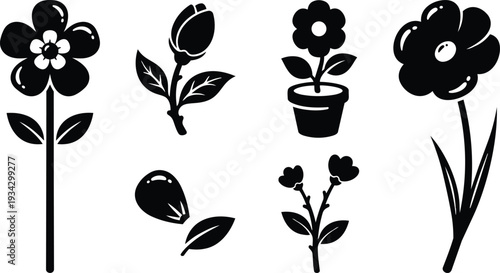 Minimalist black flower icon set flat design close up assorted petals stems potted bloom single line vector silhouette for web and print simple bold composition