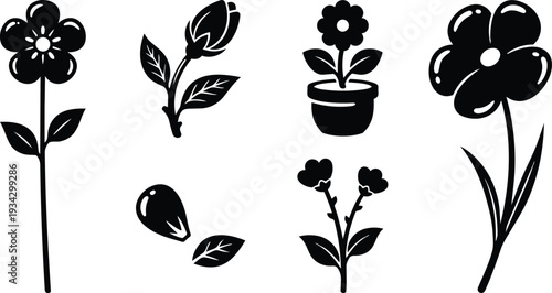 Minimalist black floral vector icons set close up single stem flowers potted flower buds petals isolated on white background bold flat design silhouette scalable editable shapes